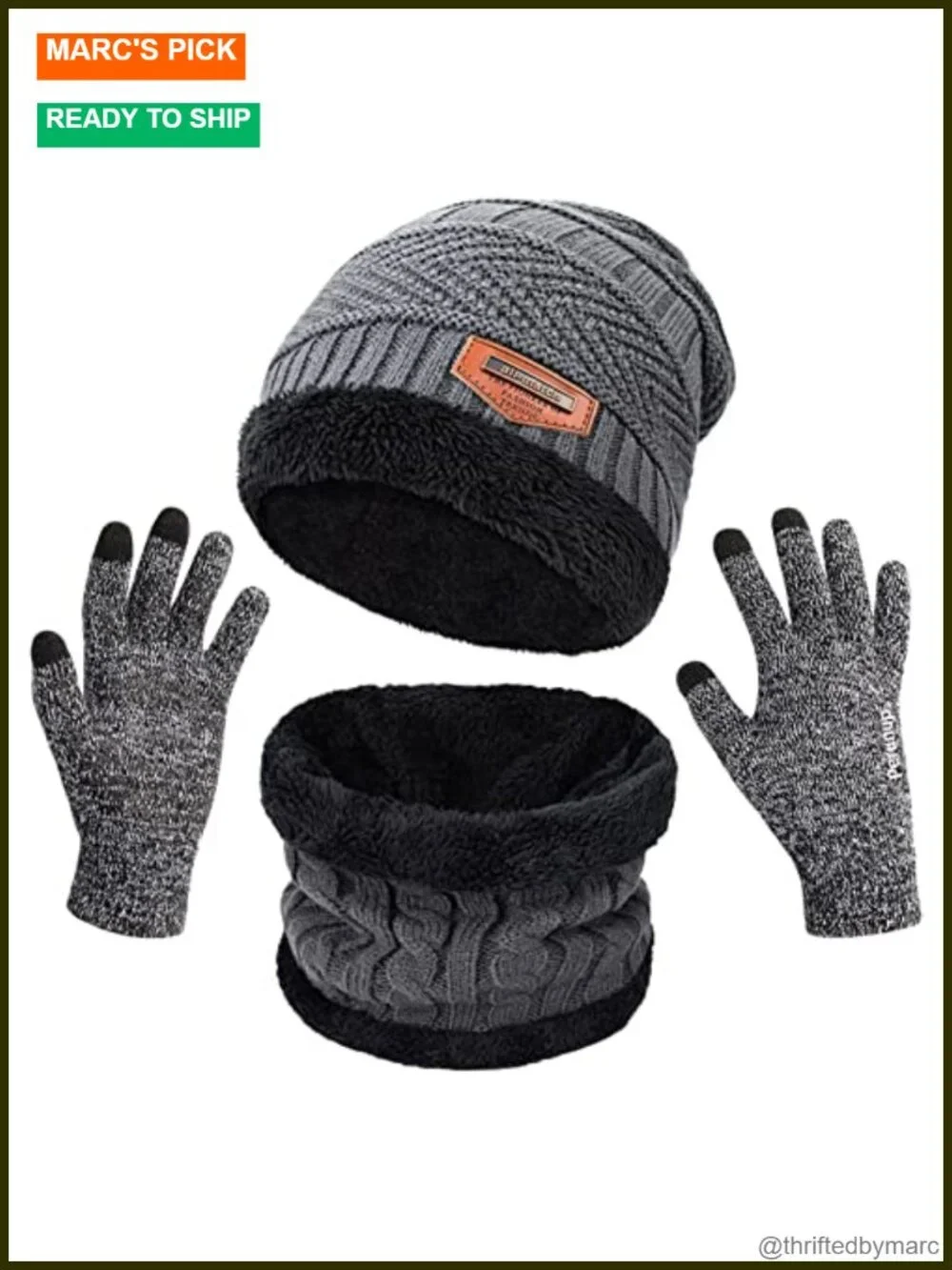 Winter Beanie Hat Scarf Touchscreen Gloves Set 3 Pcs Fleece Lined